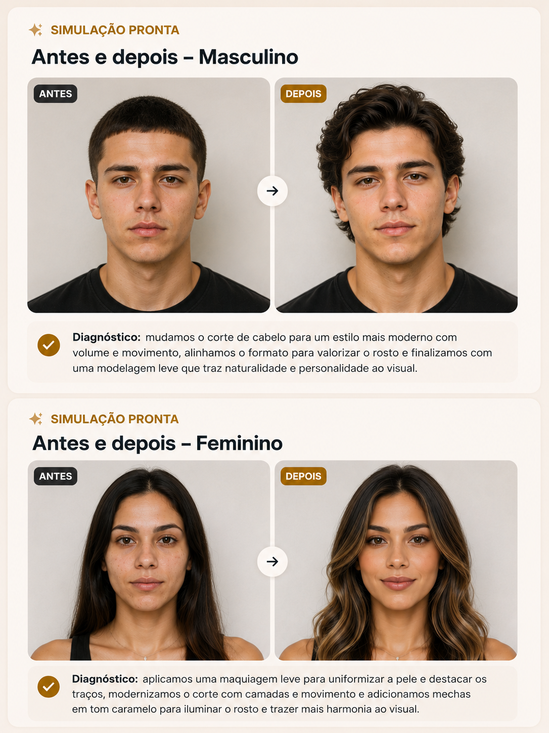 Antes e depois masculino e feminino com simulação visual Visagia